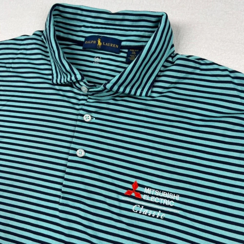 Ralph Lauren Shirt Mens XXL Pro Fit Polo Teal Blue Striped Mitsubishi Golf Logo